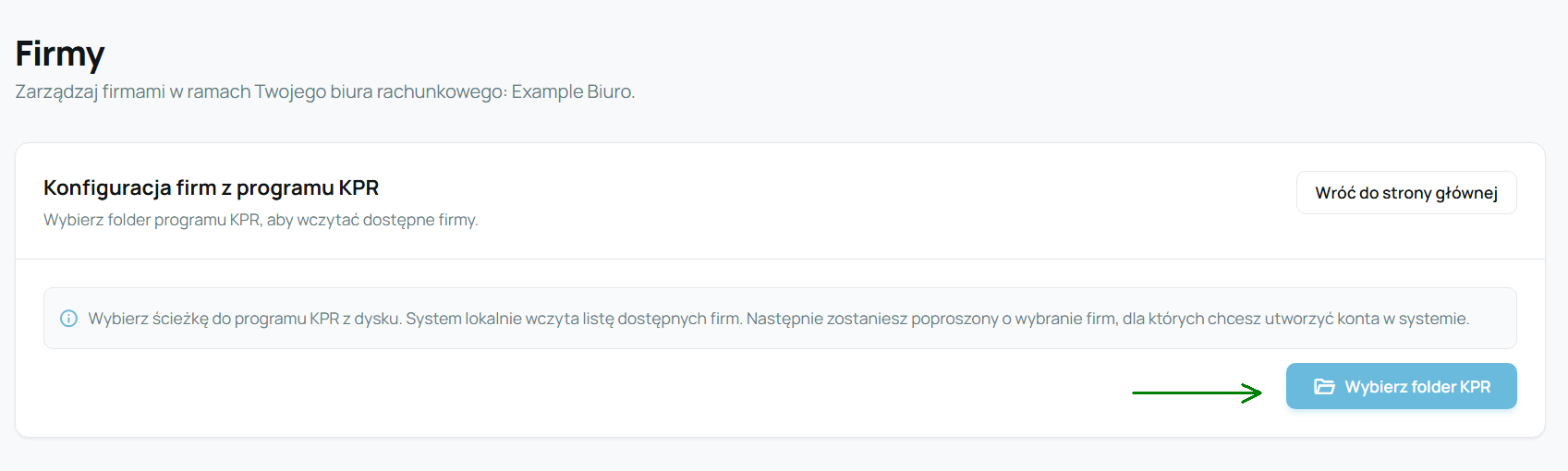 Widok Baza Firm z przyciskiem Wybierz folder KPR.