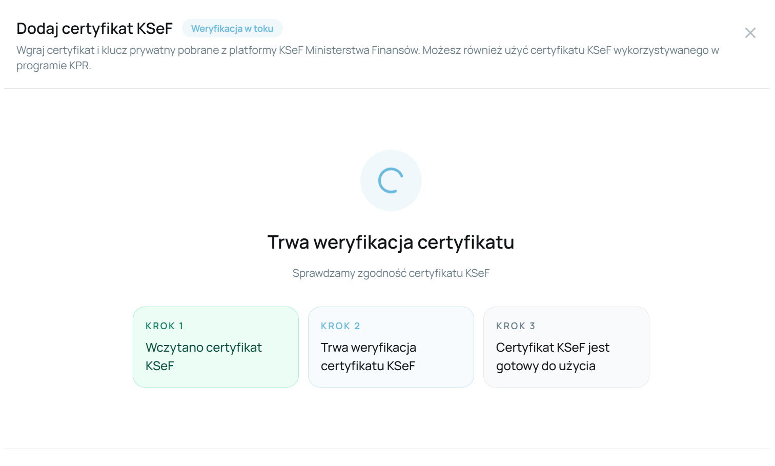 Ekran weryfikacji certyfikatu KSeF.